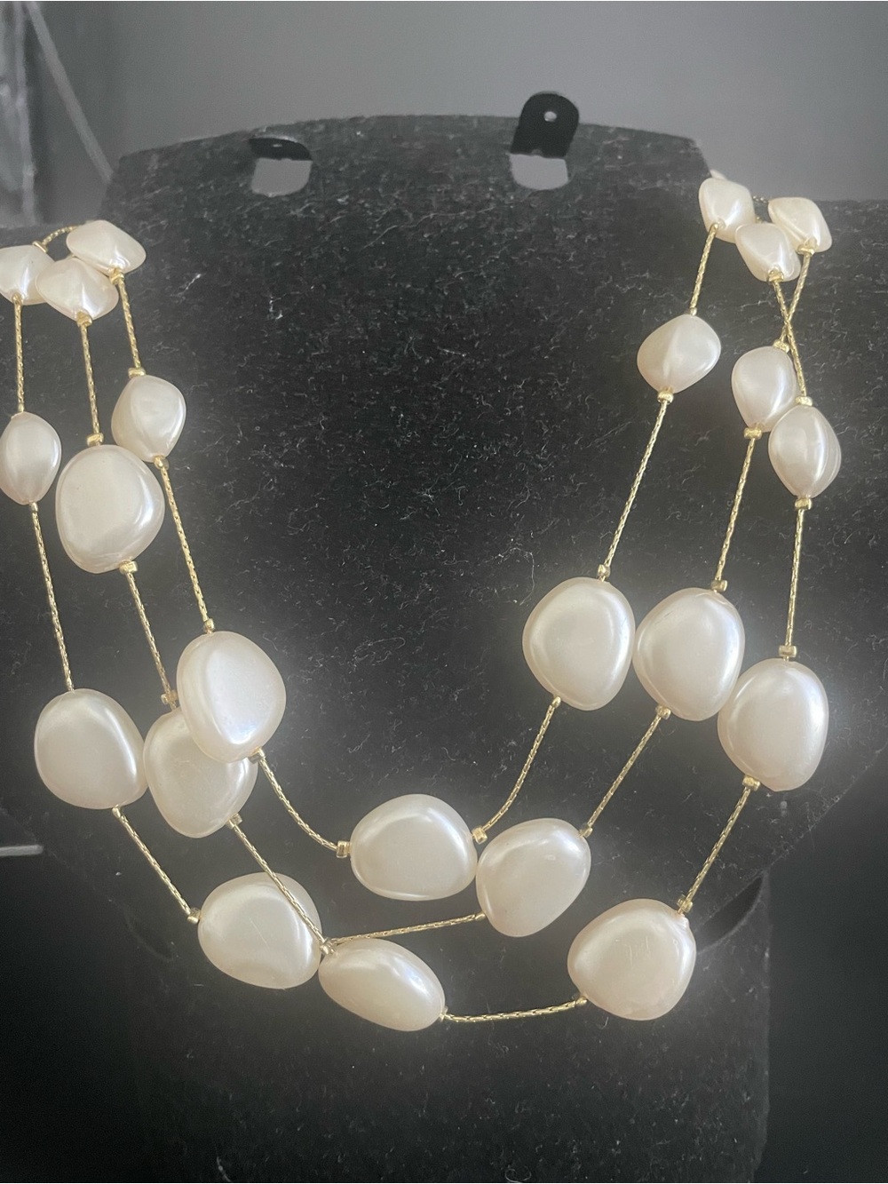 Multi-Strand White Pearl Bead Necklace - Gold Accents